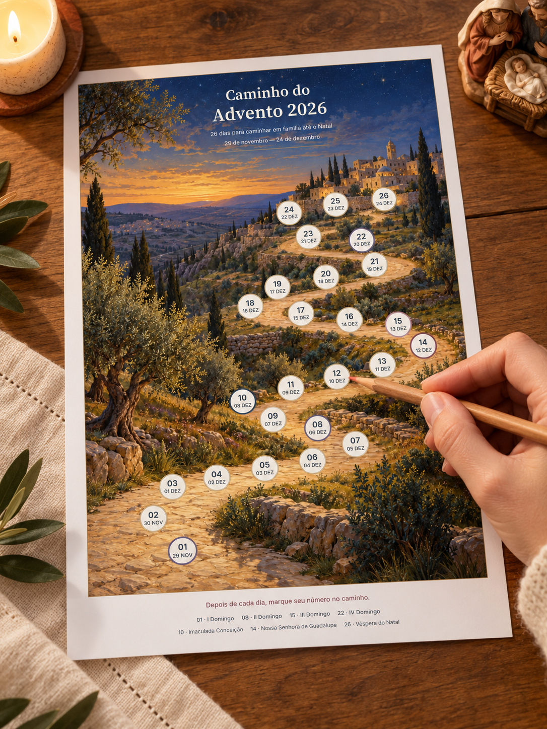 Painel-calendário do Advento com os dias de 01 a 26