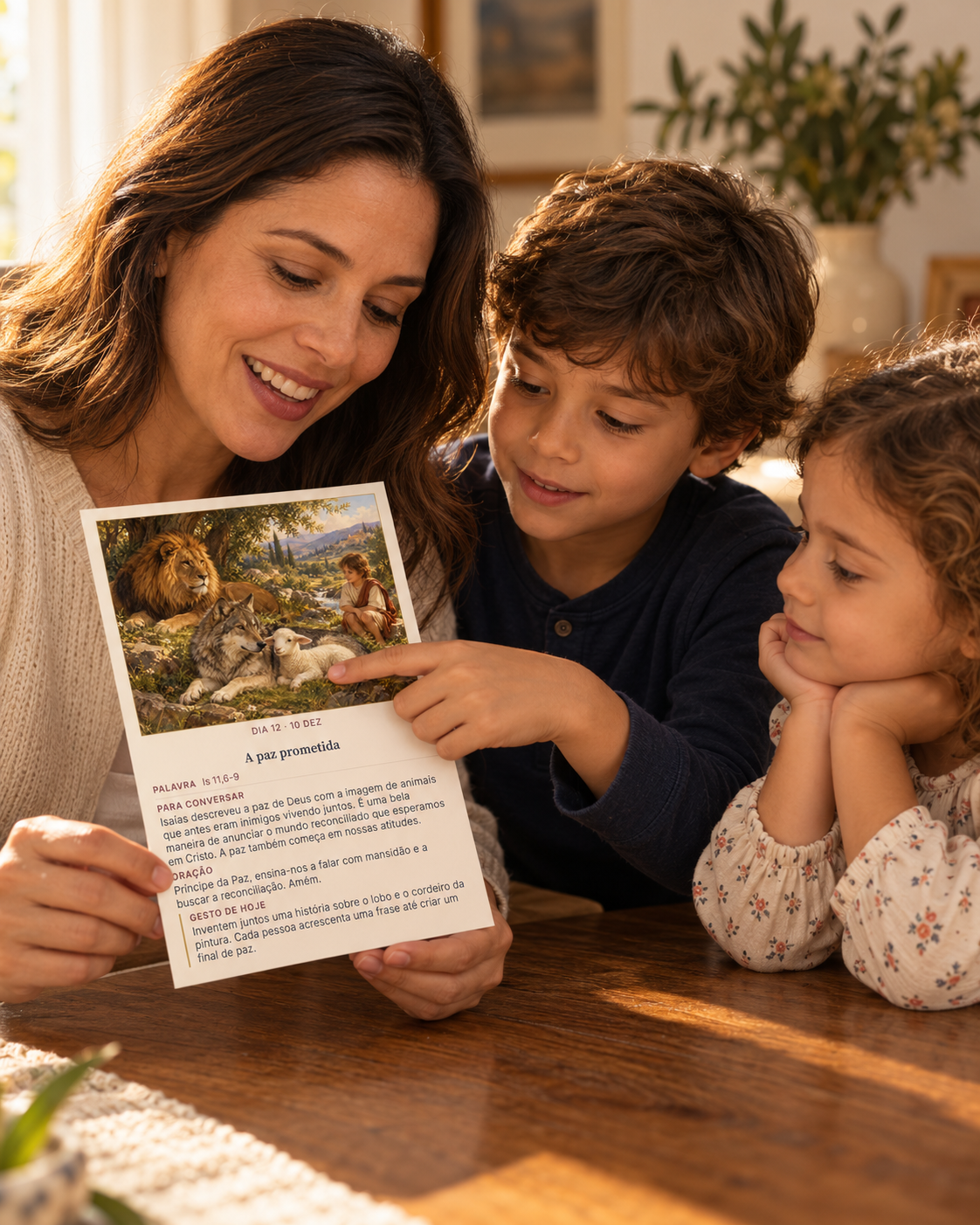 Mãe e filhos lendo um cartão do Advento